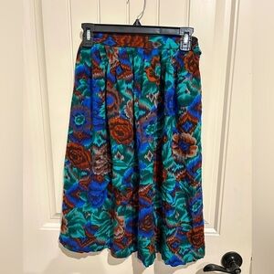 Black floral vintage a-line skirt, teal & blue skater knee length skirt,